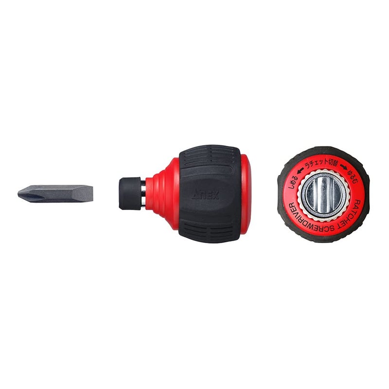ANEX Ratcheting Screwdriver Stubby Ball Handle, Japanese Heavy Duty Bit Set (Phillips+2, Flat Head-6), Quick Ball Grip 60 Gear Mini Ratchet Screwdriver, Made in JAPAN - Image 1